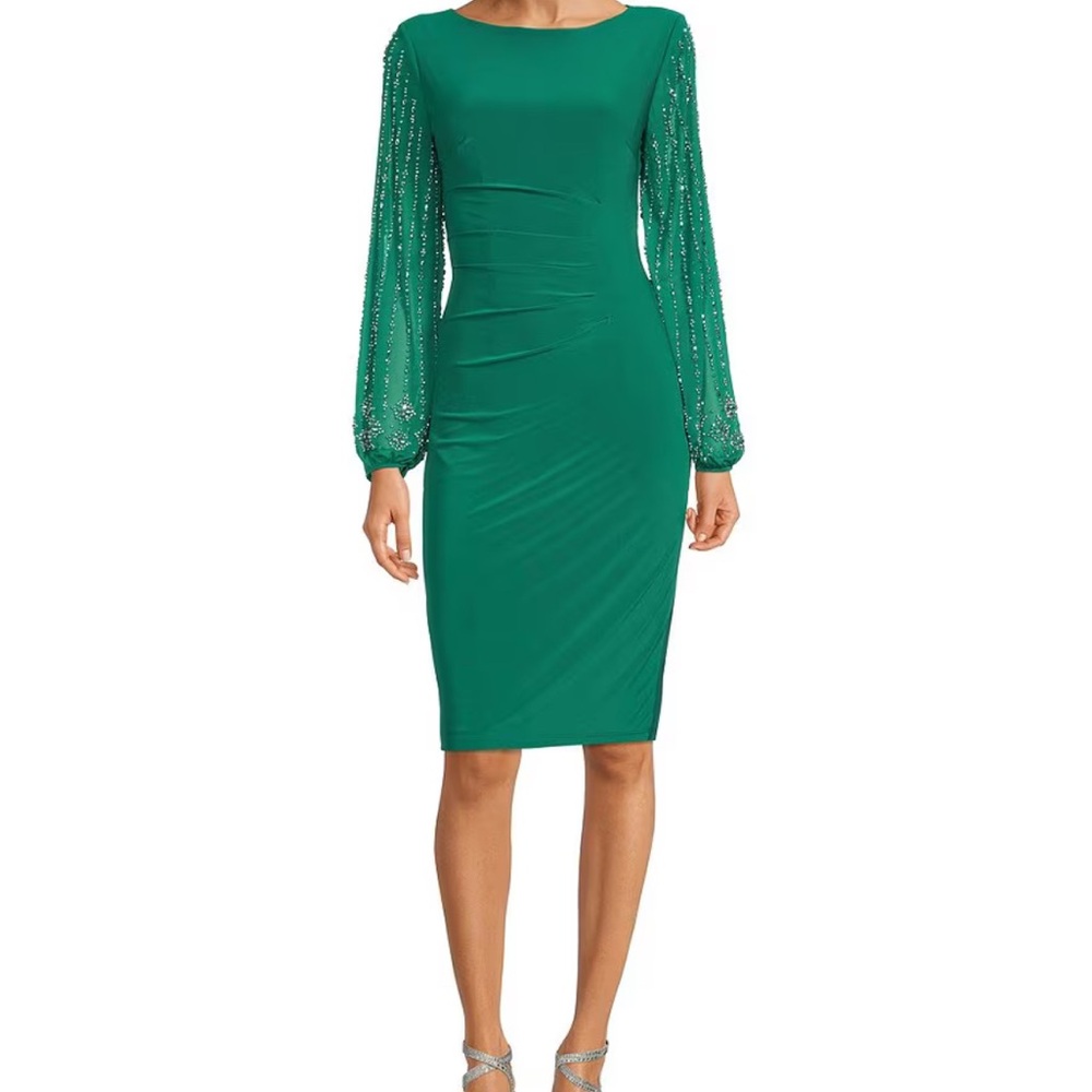 Marina Round Neck Beaded Lace Long Sleeve Side Drape Sheath Dress